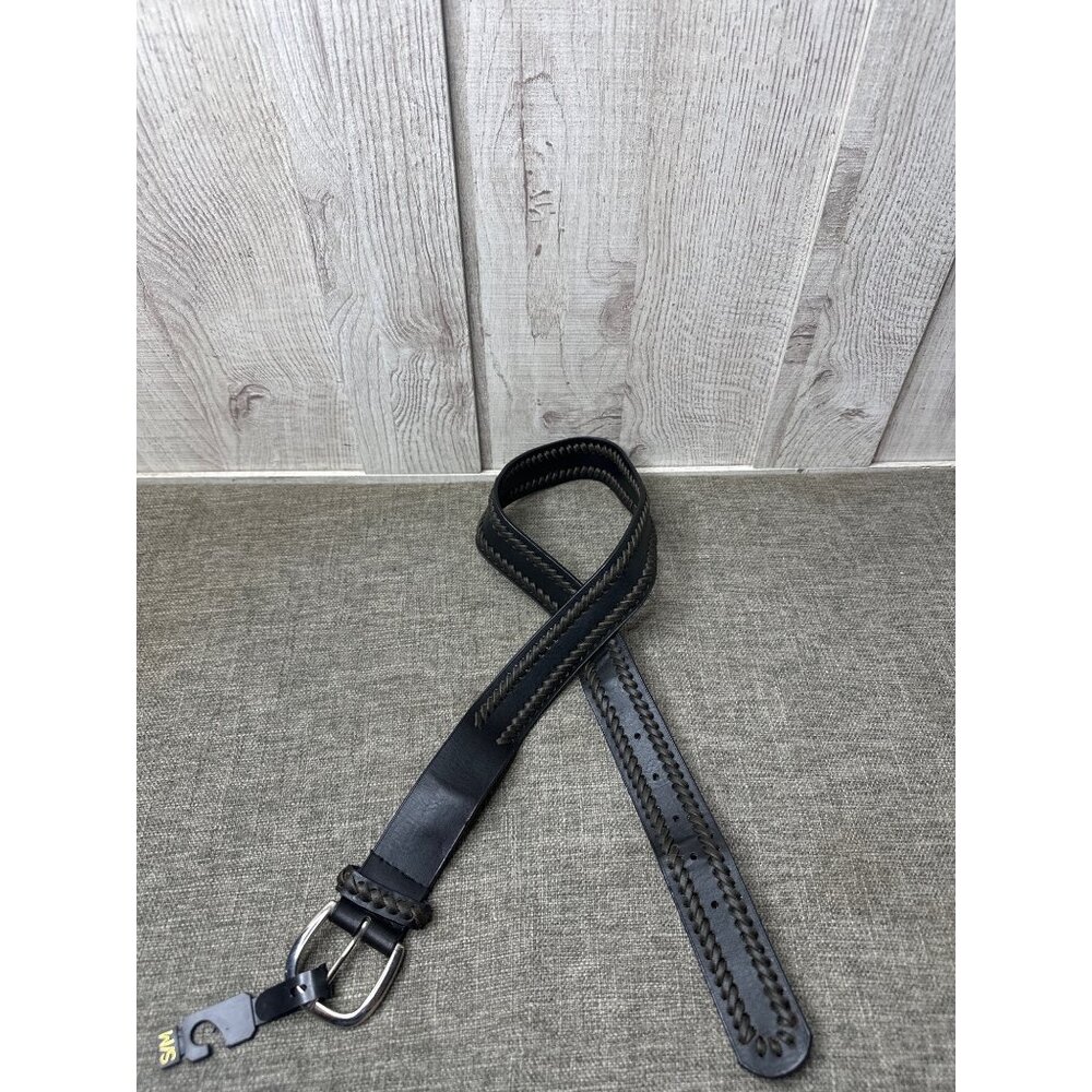 Mens Braided Black Faux Leather Belt Size S/M With Silver Buckle Dress Casual